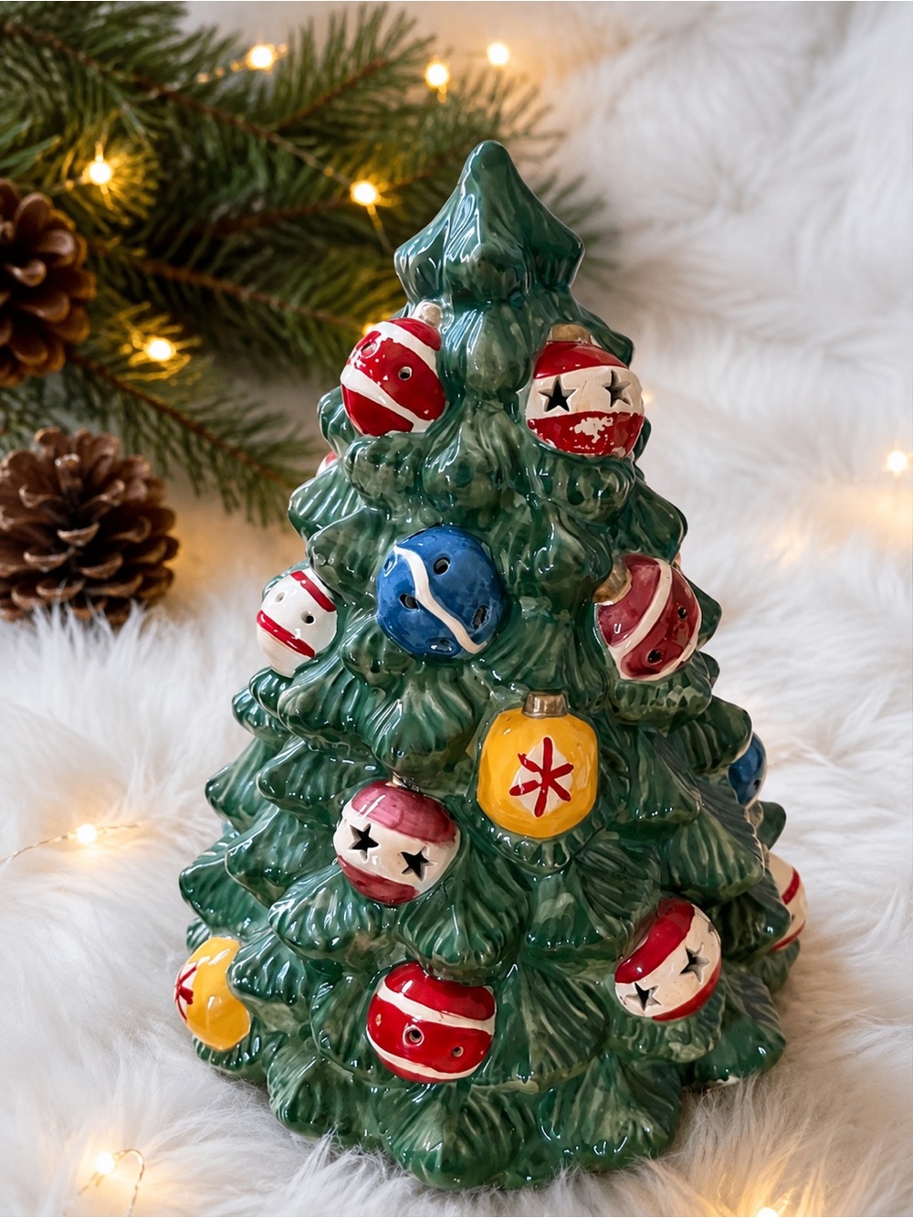 Green Ceramic Christmas Tree with Colorful Ornaments - Home Holiday